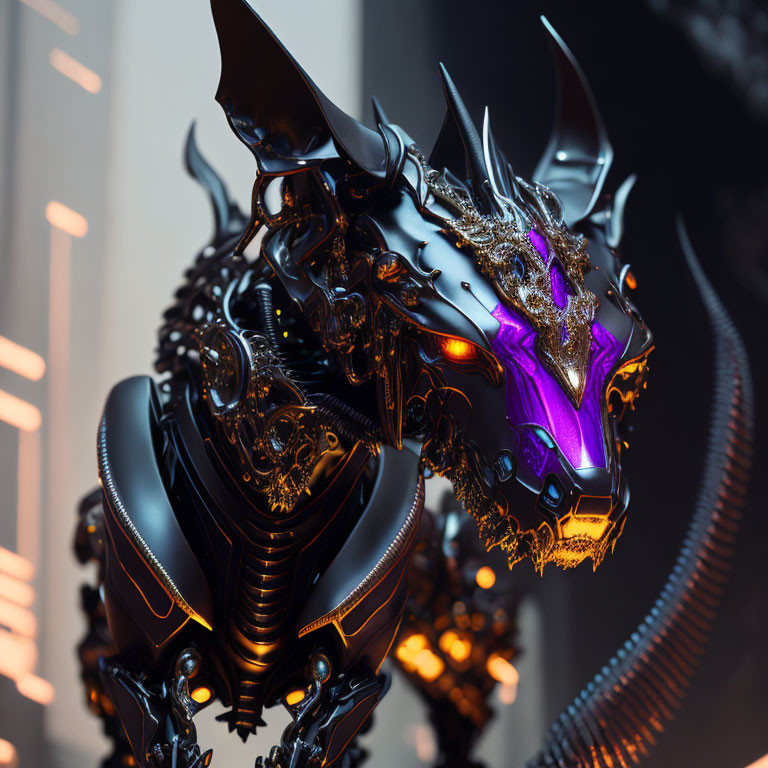 Detailed futuristic dragon robot with black and gold armor, purple glowing eyes, and metallic horns.