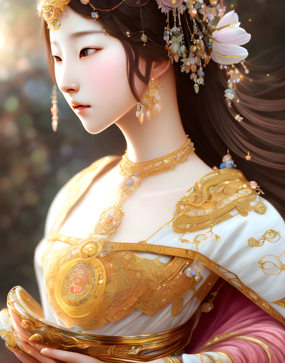 Digital Artwork: Woman in Golden Attire with Jewelry