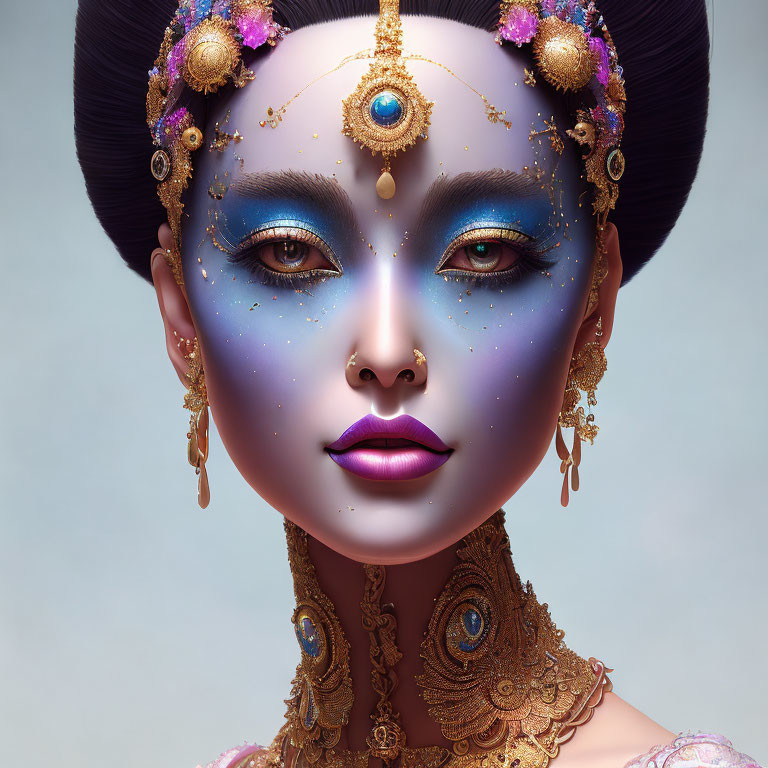 Digital Artwork: Woman with Gold Adornments, Blue Skin, Galaxy Makeup