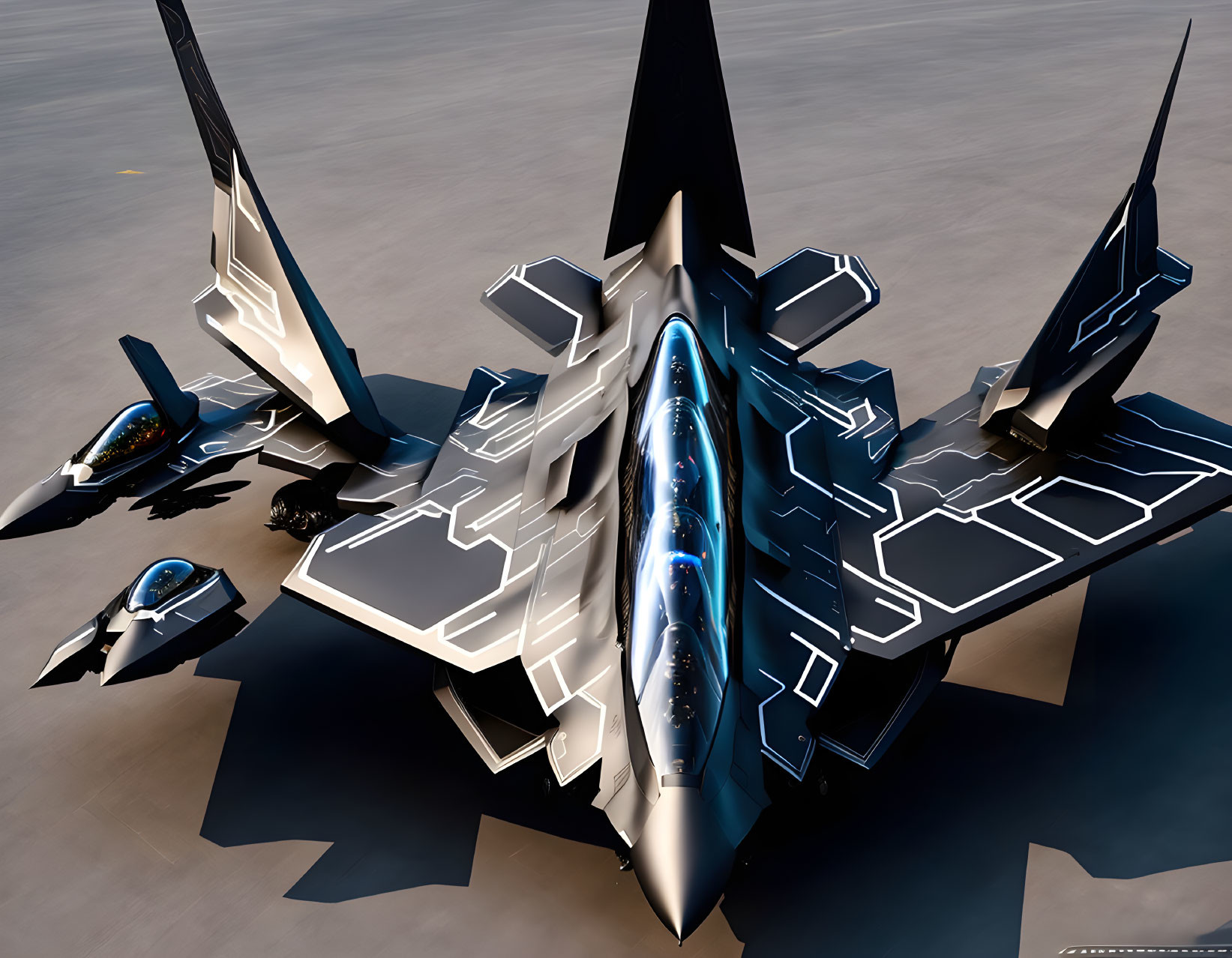 Sleek futuristic fighter jet with blue neon highlights and drones