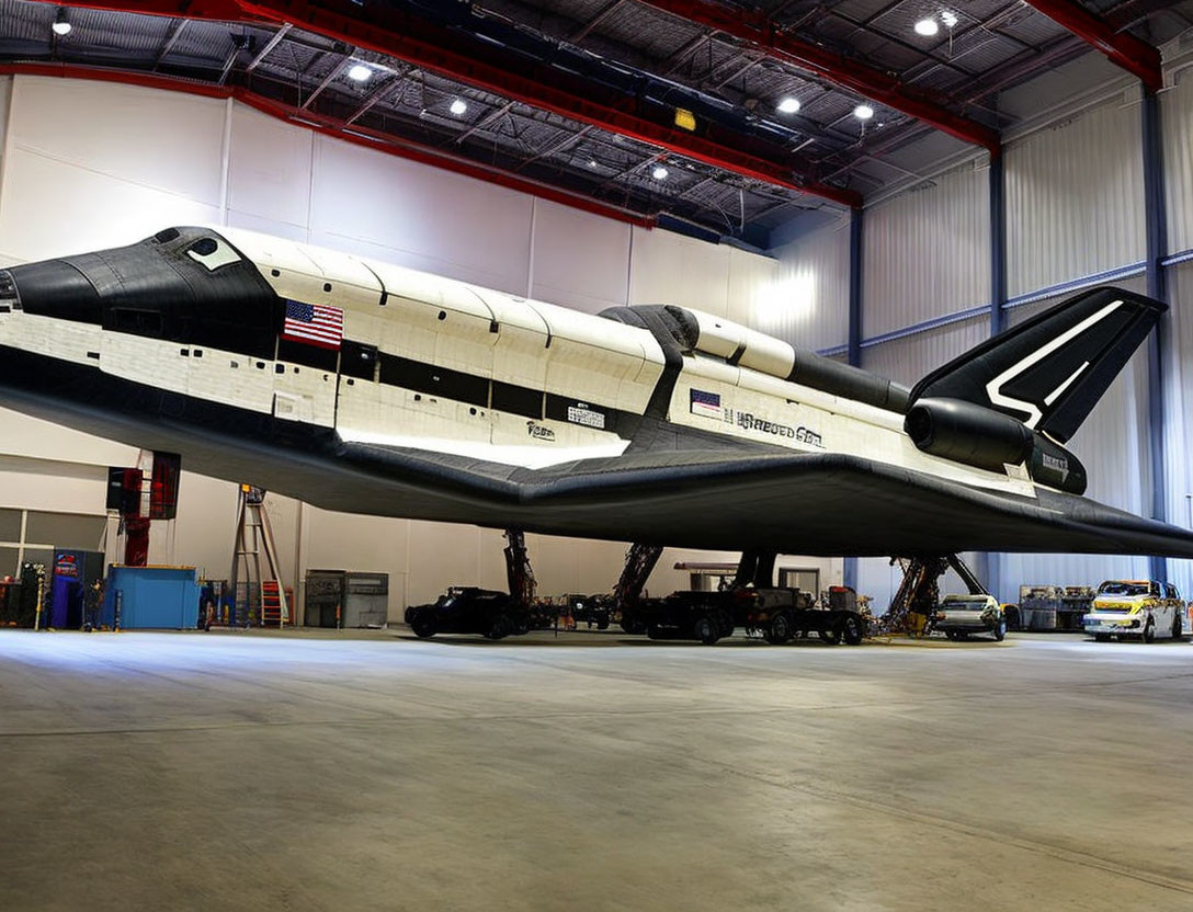 American flag space shuttle displayed in hangar with mobile platform and vehicles.