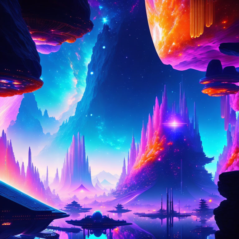 Colorful alien landscape with floating islands and futuristic structures