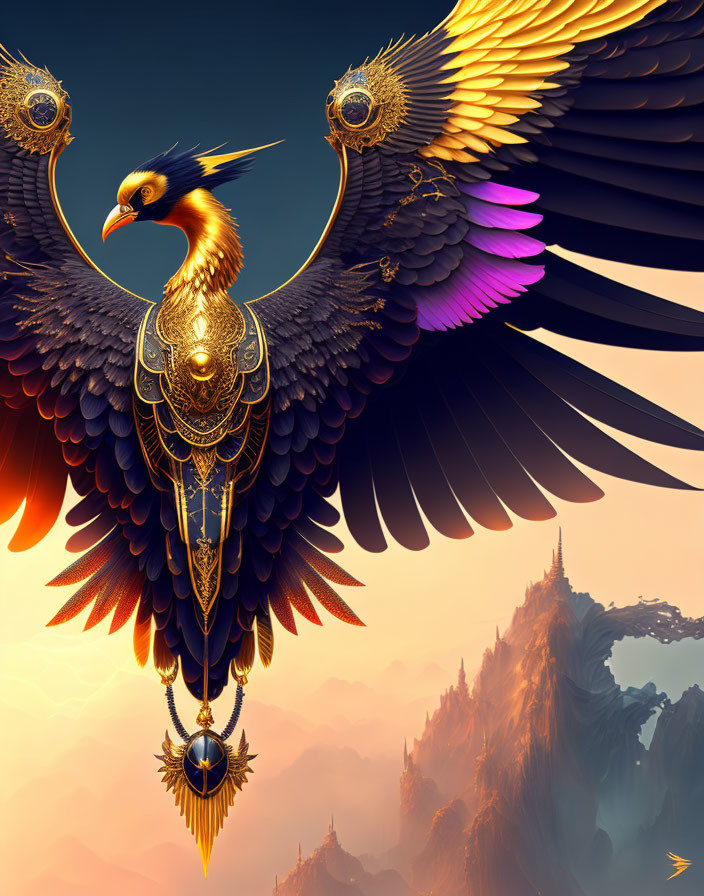 Majestic digital artwork: Phoenix in golden armor, black wings with purple accents, flying over mystical