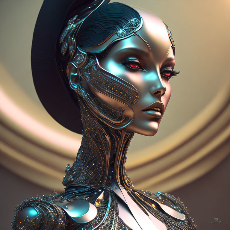 Female Figure with Futuristic Cybernetic Enhancements on Gold Background