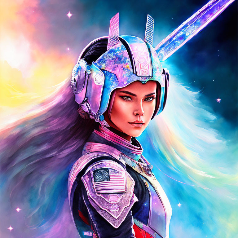 Futuristic armor woman with glowing horn helmet in cosmic setting