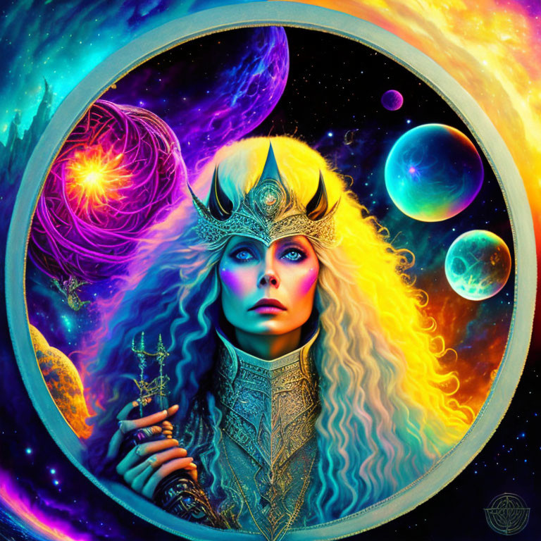 Colorful Cosmic Artwork Featuring Woman with Ornate Headgear