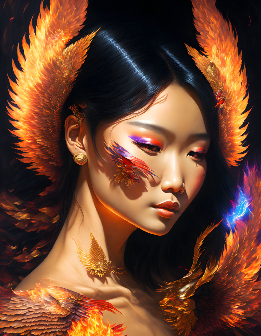 Digital Artwork: Asian Woman with Phoenix Wings and Bird-themed Accessories