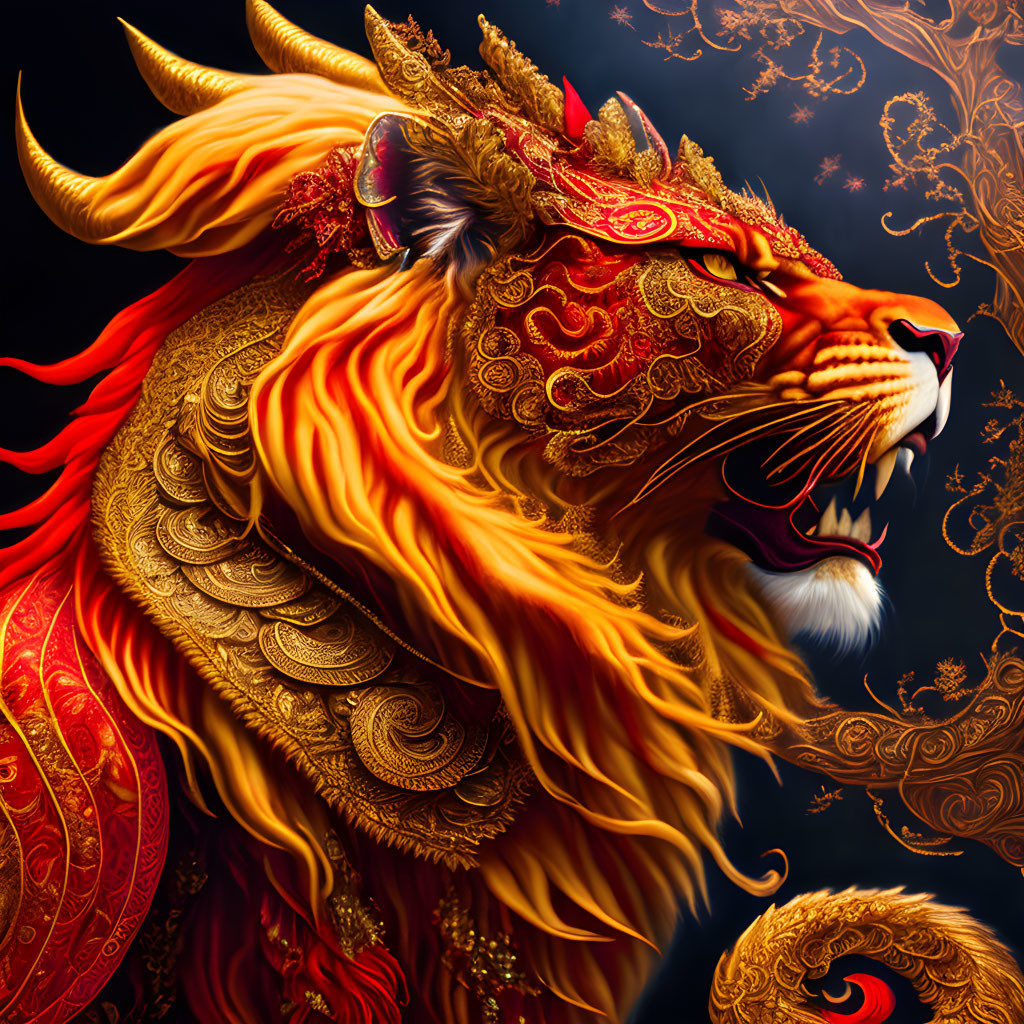 Detailed Lion Illustration with Red Mane and Golden Patterns