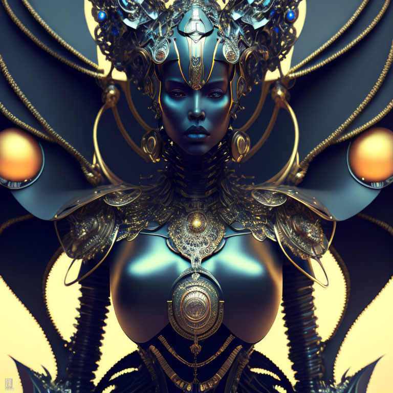 Blue-skinned figure in ornate headdress and armor with futuristic vibe