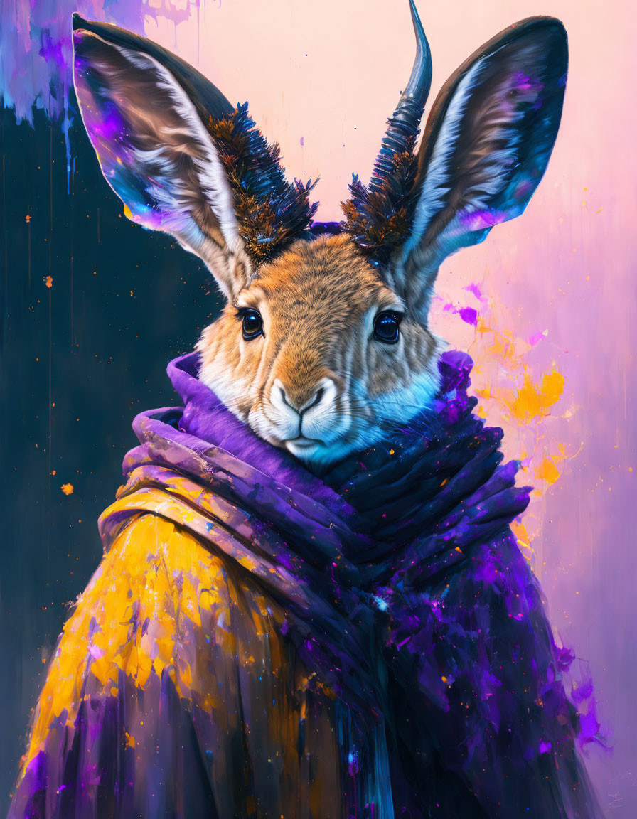 Colorful anthropomorphic rabbit portrait with majestic antlers and vibrant cloak against paint splattered backdrop