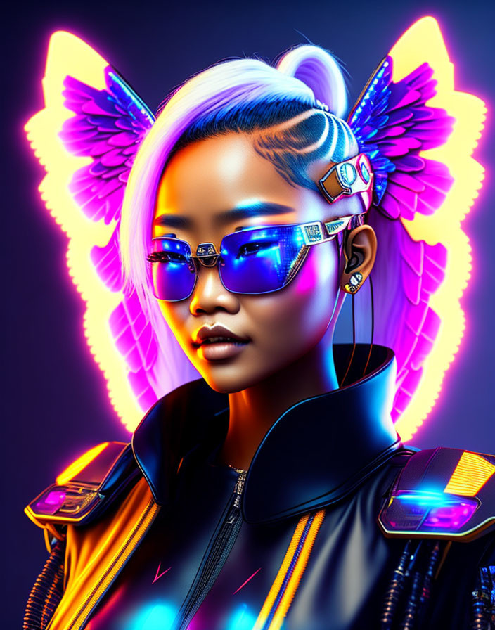 Cybernetic Woman with Neon Wings and Tech Accessories on Dark Background