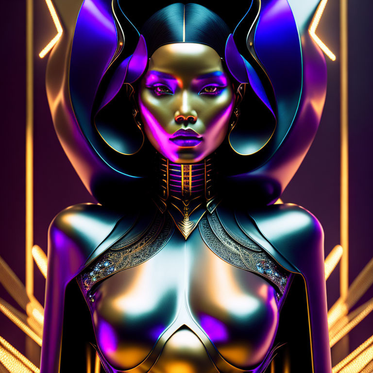 Futuristic female figure in golden and purple hues with metallic elements and horned headpiece in neon