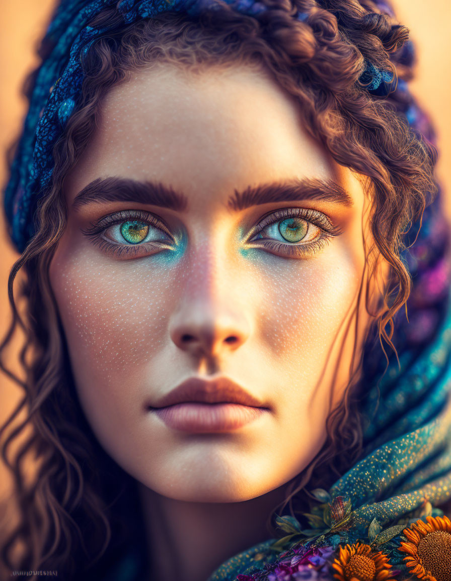 Close-Up Portrait of Woman with Turquoise Eyes and Braided Hair