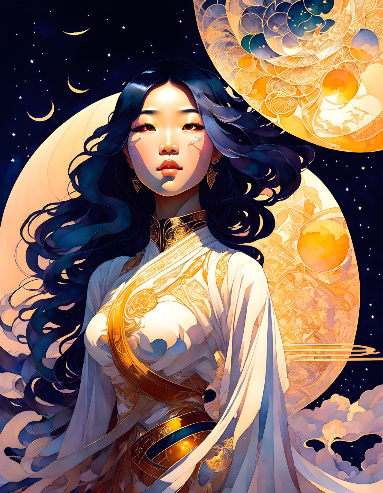 Illustrated woman in traditional attire with flowing hair against celestial backdrop