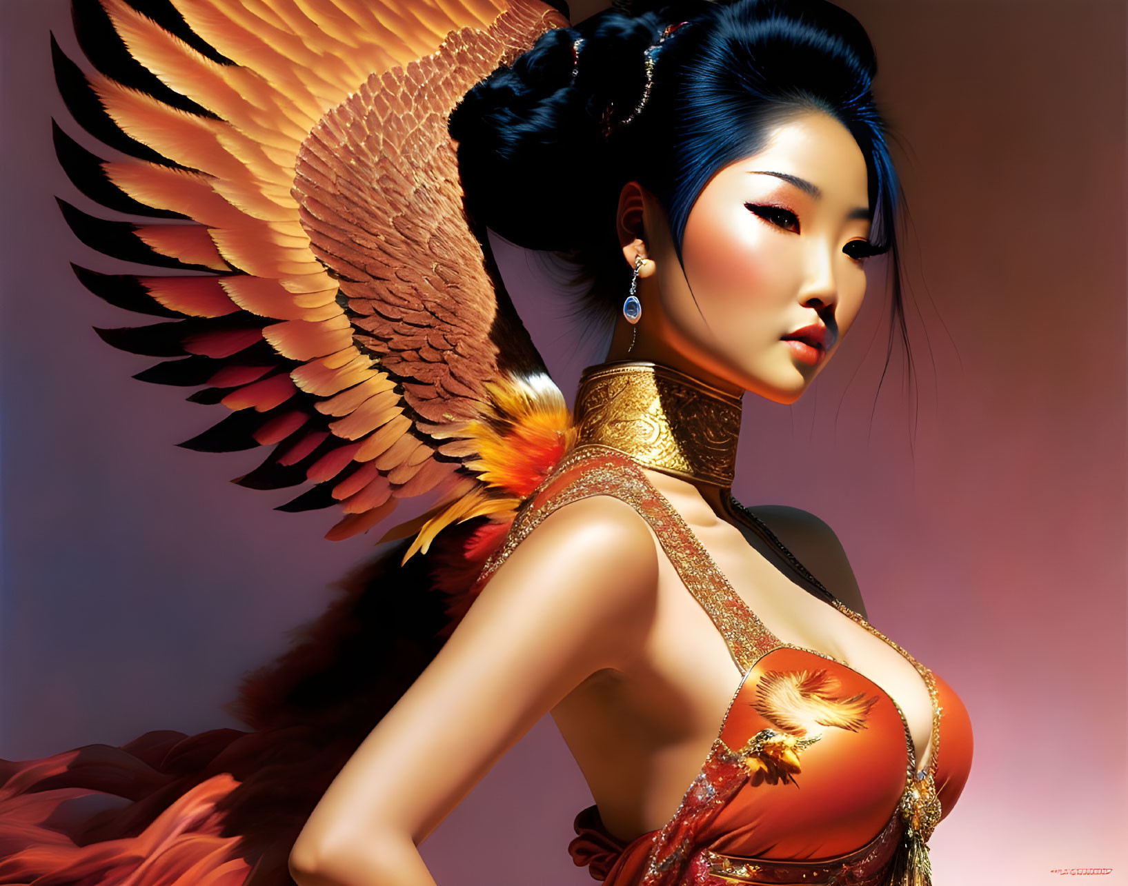Digital artwork: Woman with winged shoulders in red-gold dress