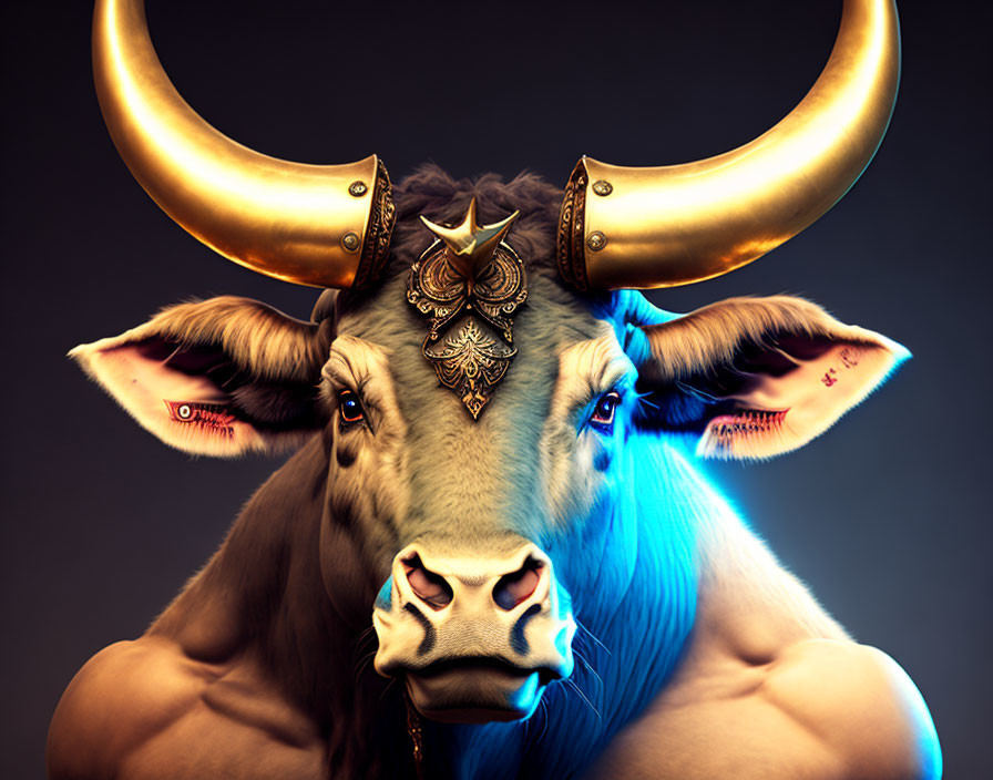 Detailed Artistic Depiction: Bull with Decorated Horns and Symbols