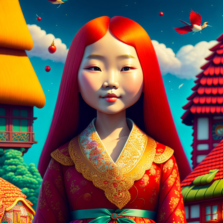 Vibrant red-haired girl in Asian attire with whimsical background