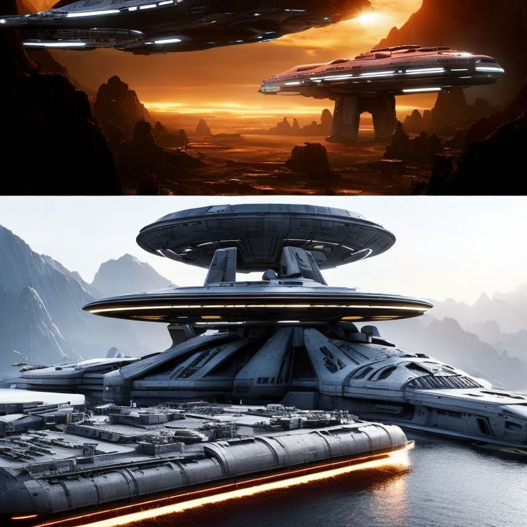 Alien landscape with futuristic spaceships and starship on landing platform