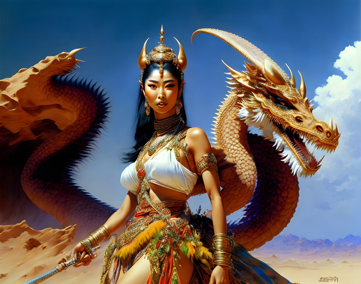 Warrior woman in ornate armor with golden dragon in desert landscape