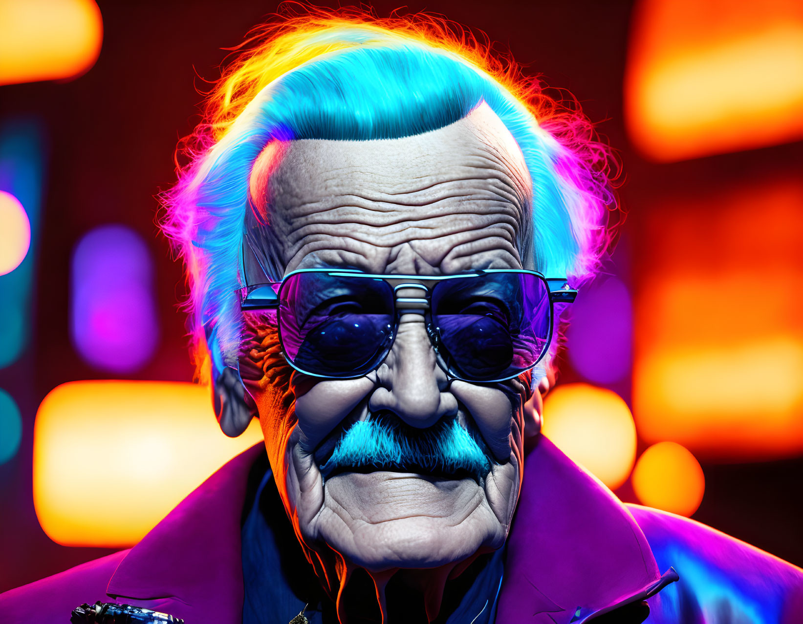 Colorful digital artwork: Elderly man with neon blue hair and stylish glasses on vibrant backdrop