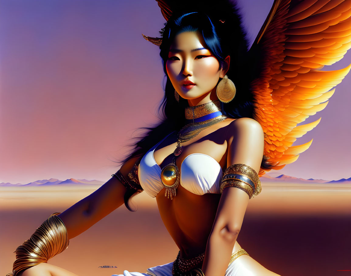 Fantastical image of woman with blue skin and orange wings in desert setting