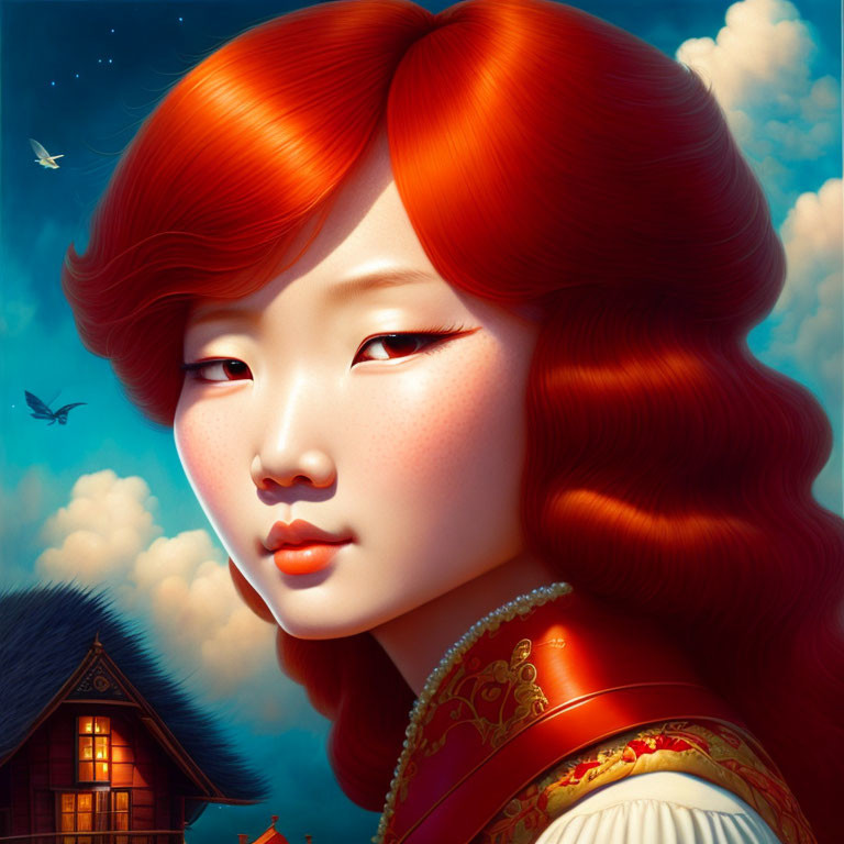 Illustration of Woman with Red Hair in Serene Setting