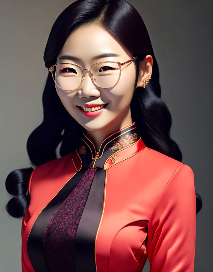 Smiling woman in glasses wearing red and black Asian dress on grey background