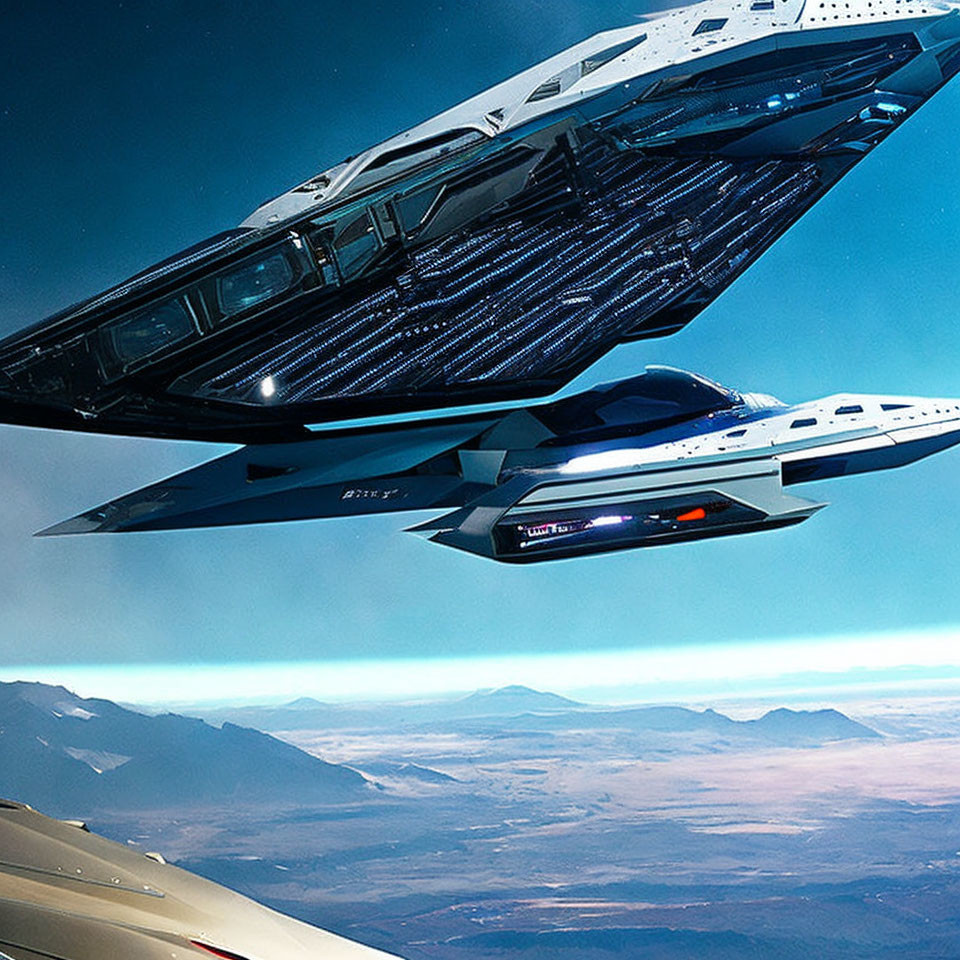 Futuristic spaceships soar over Earth's mountains amid clear sky