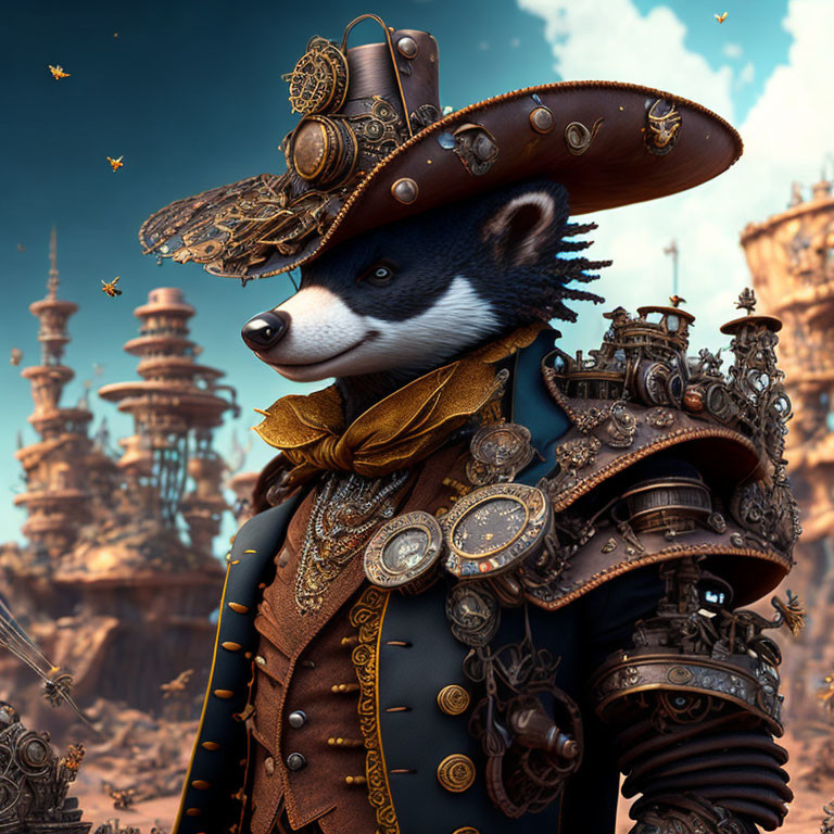 Steampunk anthropomorphic badger in mechanical attire with fantasy towers.