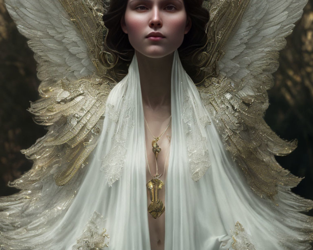 Ethereal figure with white and gold wings and ornate attire