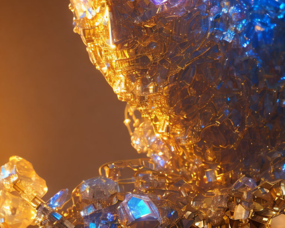 Glowing blue and golden crystalline structure close-up