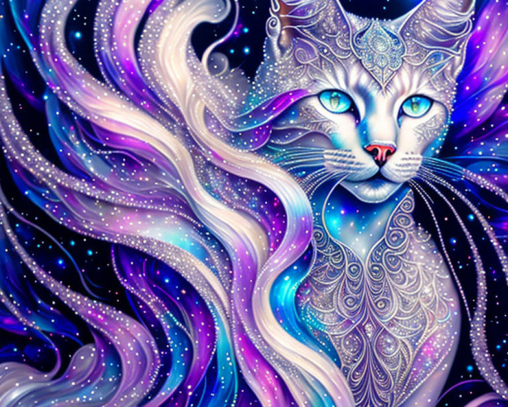 Mystical blue cat with cosmic fur and silver linework