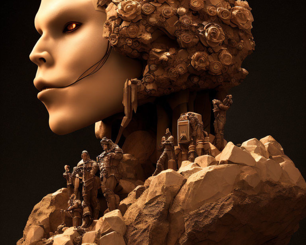 Surreal image of giant humanoid head with roses, tiny figures on rocky outcrop