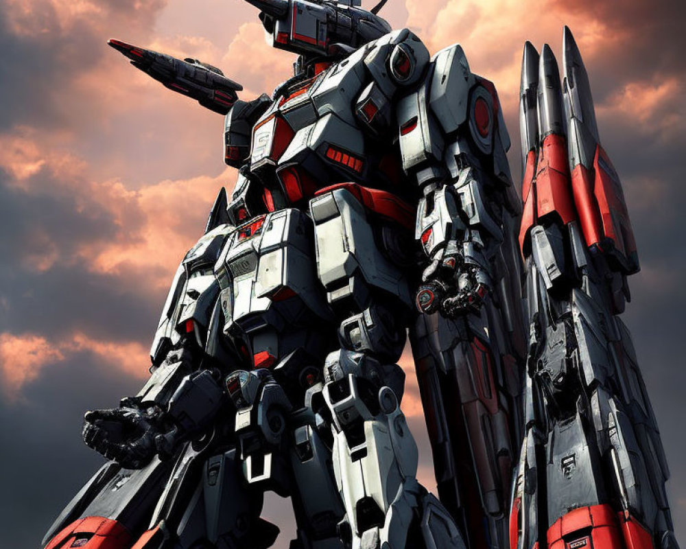 Red and White Armored Mech with Missile Launchers in Dramatic Sky