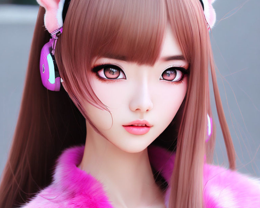 Animated character with large purple eyes, pink cat ears, headphones, and pink fur collar.