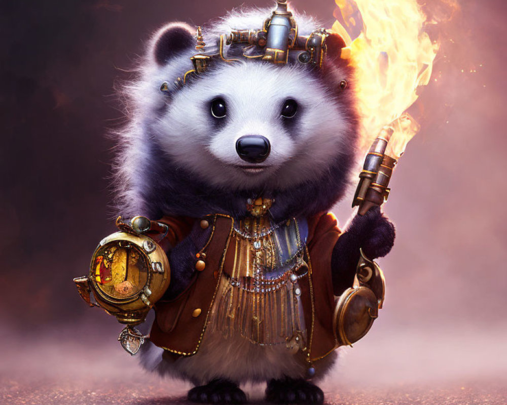 Anthropomorphic panda with kingly crown, flame-throwing scepter, and steampunk