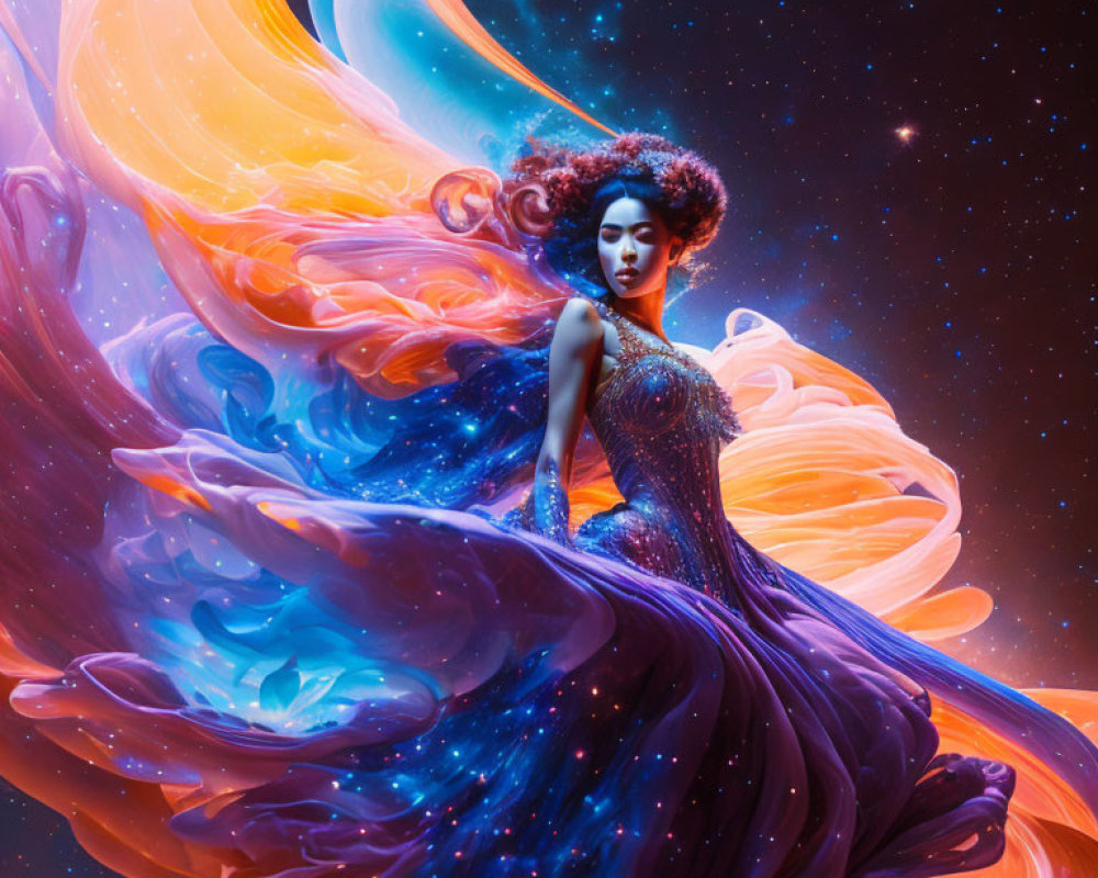 Woman depicted in flowing dress merging with cosmic nebula on starry backdrop