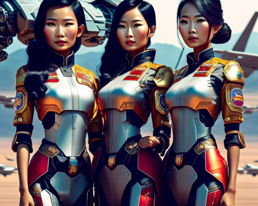 Three women in futuristic armored suits with mecha suit in background - sci-fi military theme