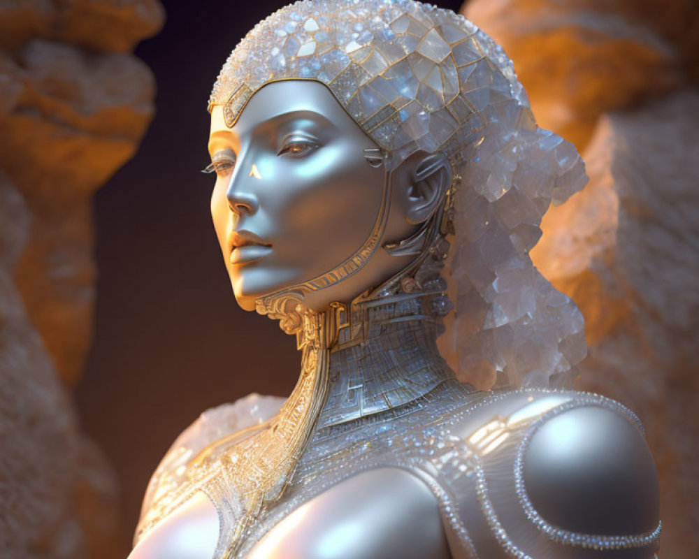 Metallic Female Figure in Detailed Armor on Orange Rocky Background