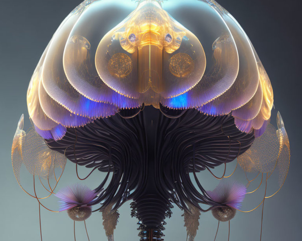 Detailed Digital Artwork: Fantastical Jellyfish with Translucent Dome and Intricate Tentacles