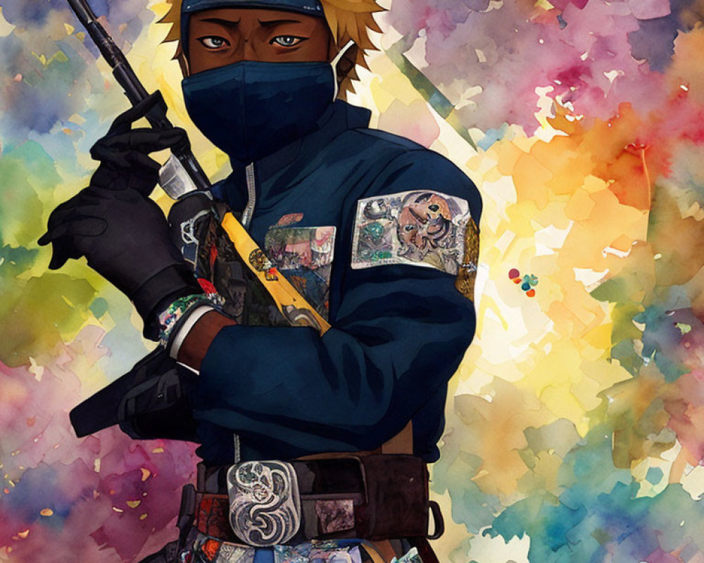 Blond Spiky-Haired Ninja in Colorful Attire on Vibrant Background