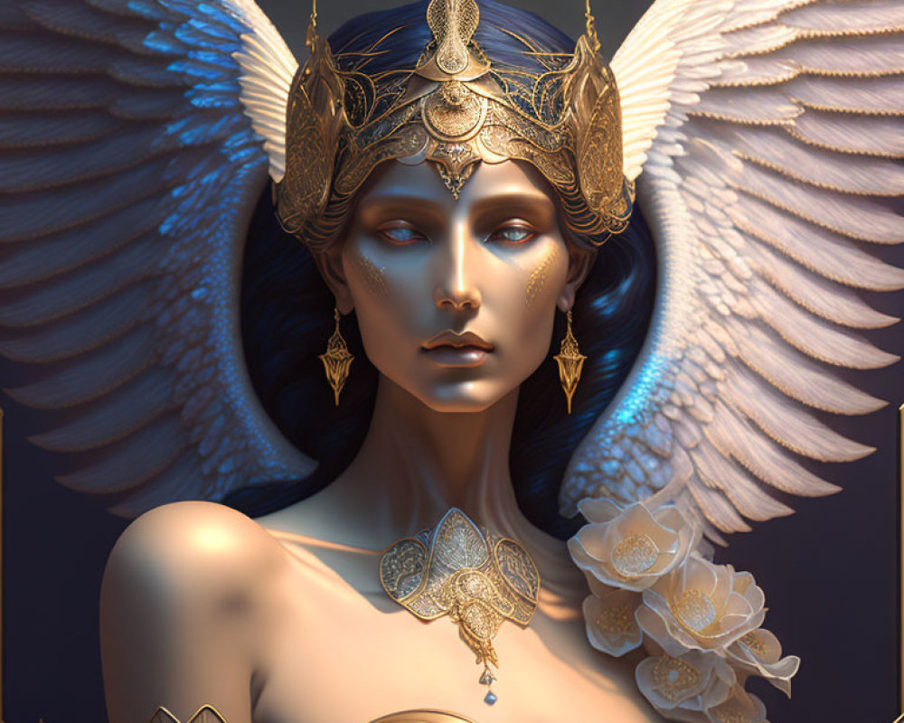 Digital Artwork: Woman with Golden Headdress & Feathered Wings