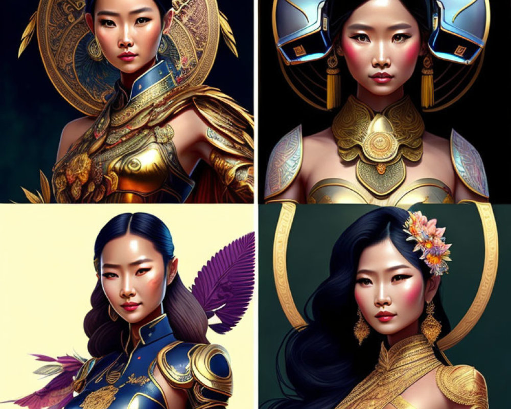 Stylized Asian woman in fantasy armor portraits on solid backgrounds