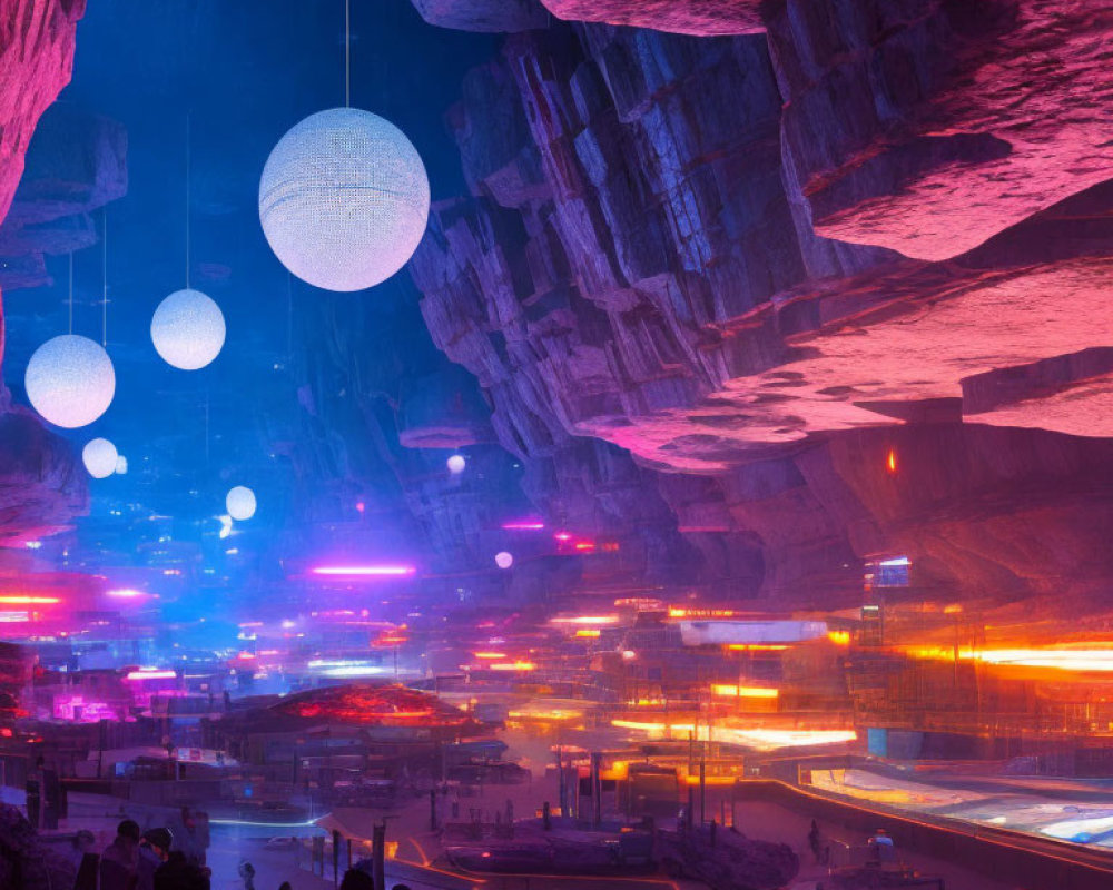 Futuristic underground cityscape with purple and orange lighting, people, orbs, and advanced infrastructure