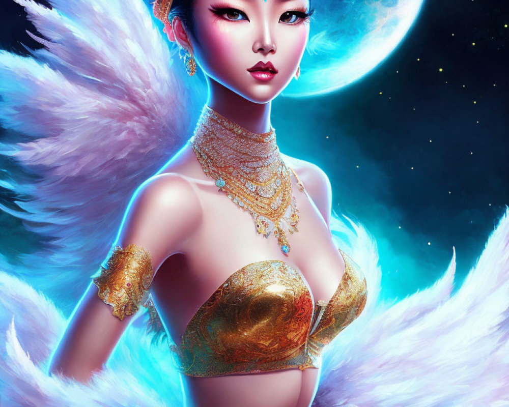 Digital illustration of woman with white angelic wings and golden jewelry in moonlit setting