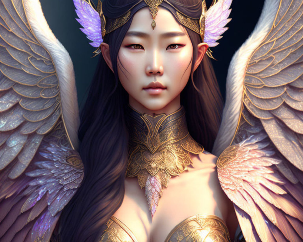 Ethereal woman with golden armor, angelic wings in white and purple