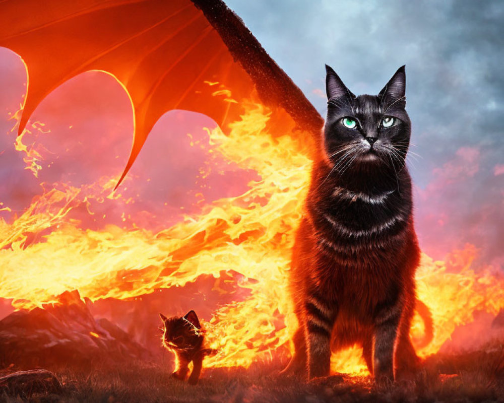 Majestic black cat and fiery dragon with outspread wings