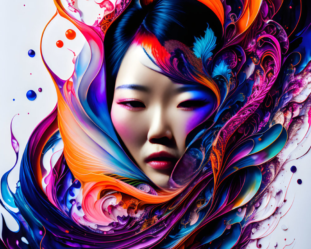 Colorful Abstract Digital Art: Woman's Face Amid Swirling Forms