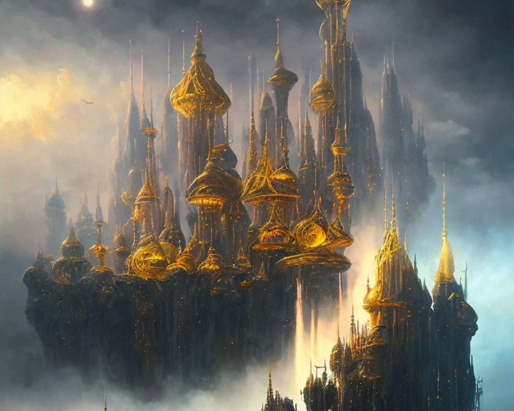 Fantastical city with golden spires under dimly lit sky