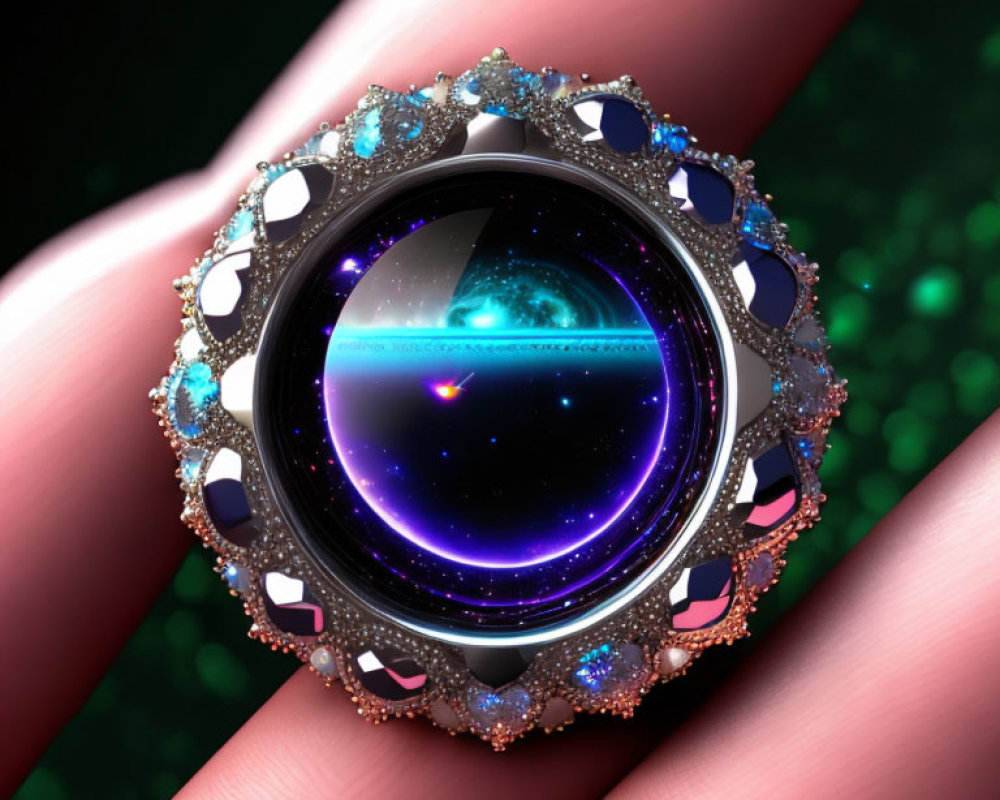 Cosmic-themed galaxy design jewelry in ornate, gem-studded frame